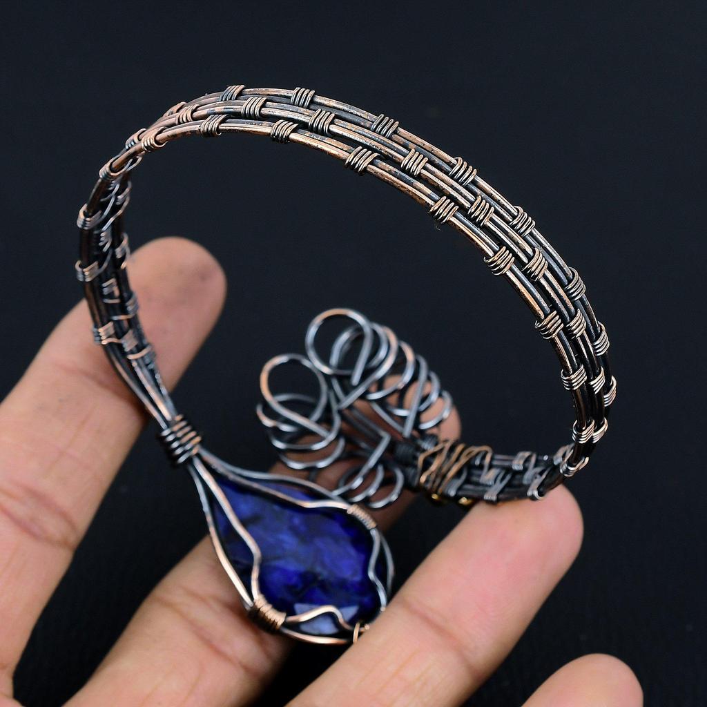 Blue Sapphire Bangle, Handmade Gemstone Bangle, 999 Copper Wire Wrapped Antique Jewelry, For Engagement Gift