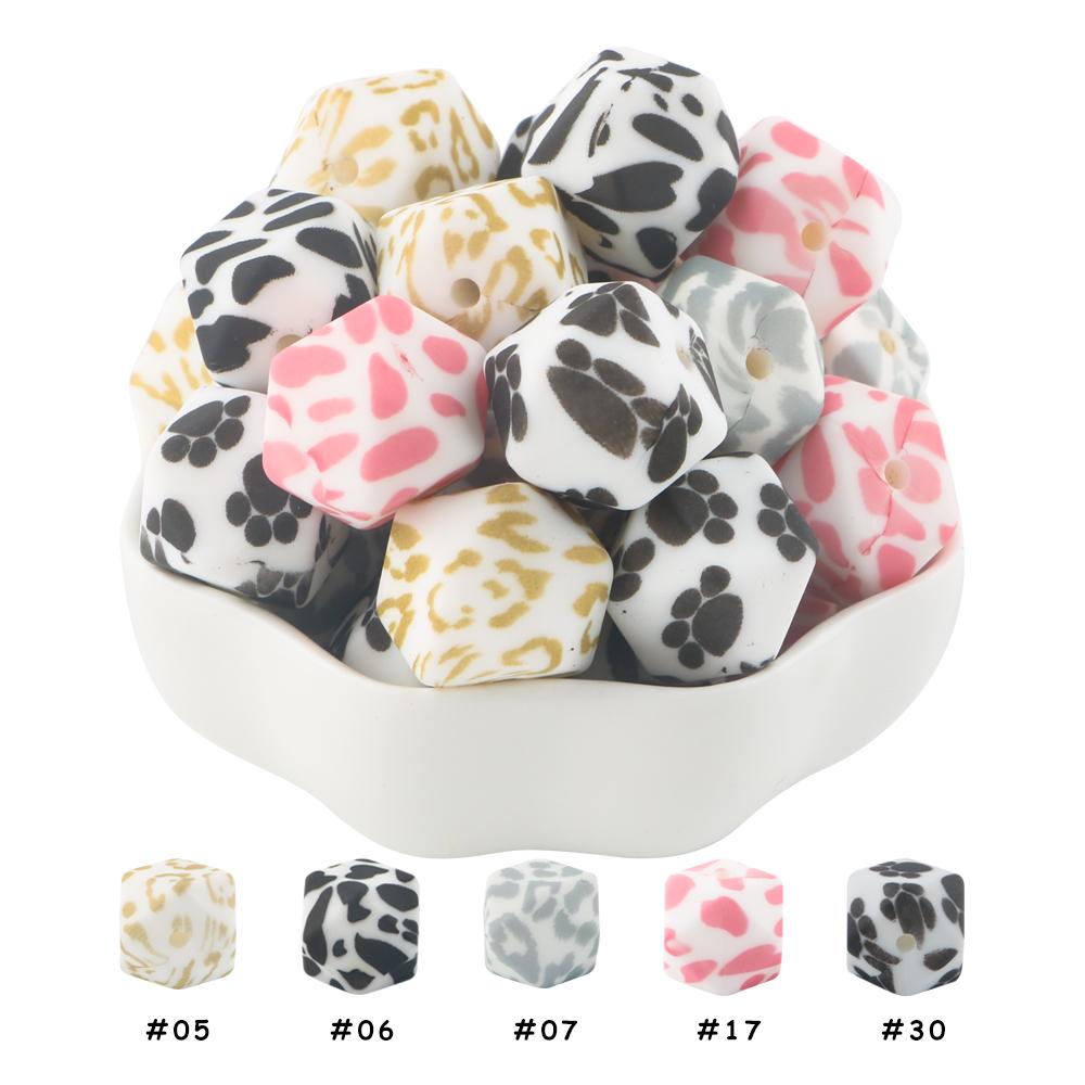 10Pcs 14mm Printed Hexagon Silicone Beads Leopard Bead For Jewelry Making DIY Beadable Pen Keychain Bracelet Accessories