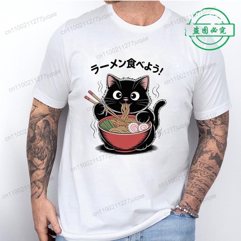 Ramen Cat Tshirt for Women Men Japanese Style Cat Lover T-Shirt Kawaii Cartoon Short Sleeve T Shirts Mens Clothes Tee Shirt Tops