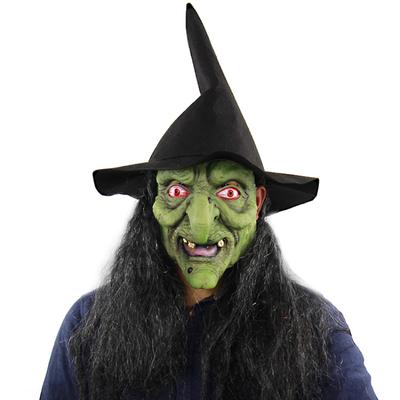 Gruselige Hexenmaske mit Hut, lange Perücke, Haar, Cosplay, Halloween, Hexenkopfschmuck, Kostüm-Requisiten
