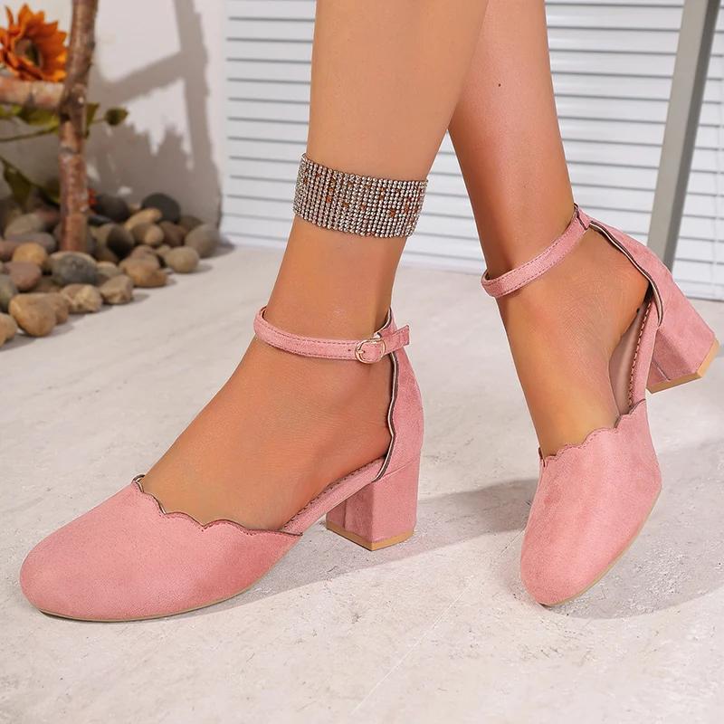 Fashion Elegant Flock Cover Heel Sandals Women Summer New Thick Sole Med Heel Sandal Female Fashion Party Anckle Strap Sandalias Mujer