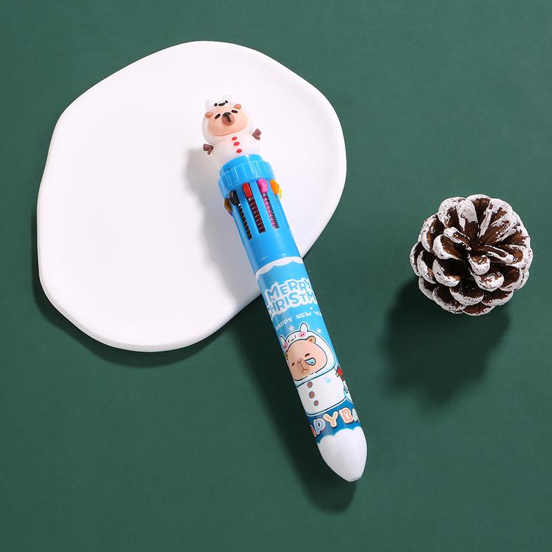 Christmas Capybara 10 Color 0.7Mm Ballpoint Pen Cute Cartoon Santa Claus Snowman Press Pen Handbook Stationery Gifts