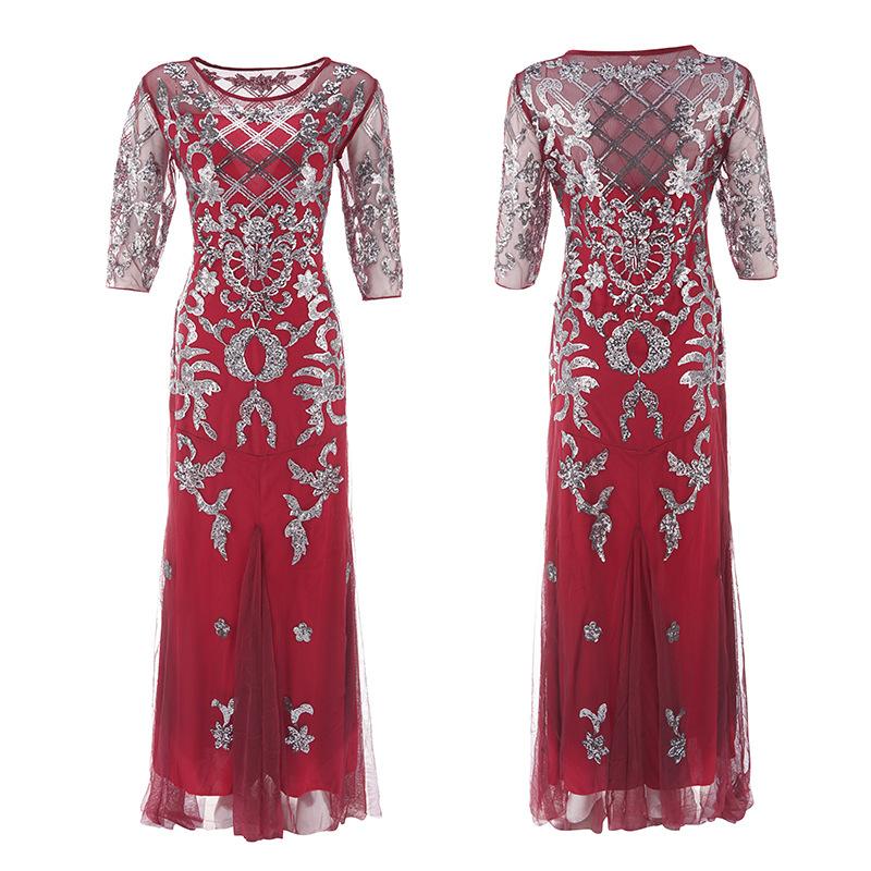 Popular retro dress bridesmaid beaded mesh sequined evening dress European and American wedding dress long dress