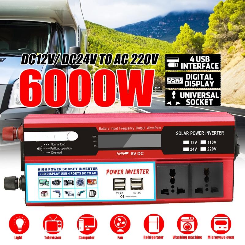 Car Solar Power Inverter 4USB LCD Display Charger Converter Modified Sine Wave Transformer 6000W DC 12/24V to AC 220V