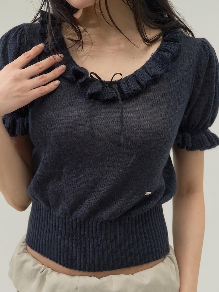 SORRY, TOO MUCH LOVE Ruffle Trim Ballet Mood Knit Top_Navy