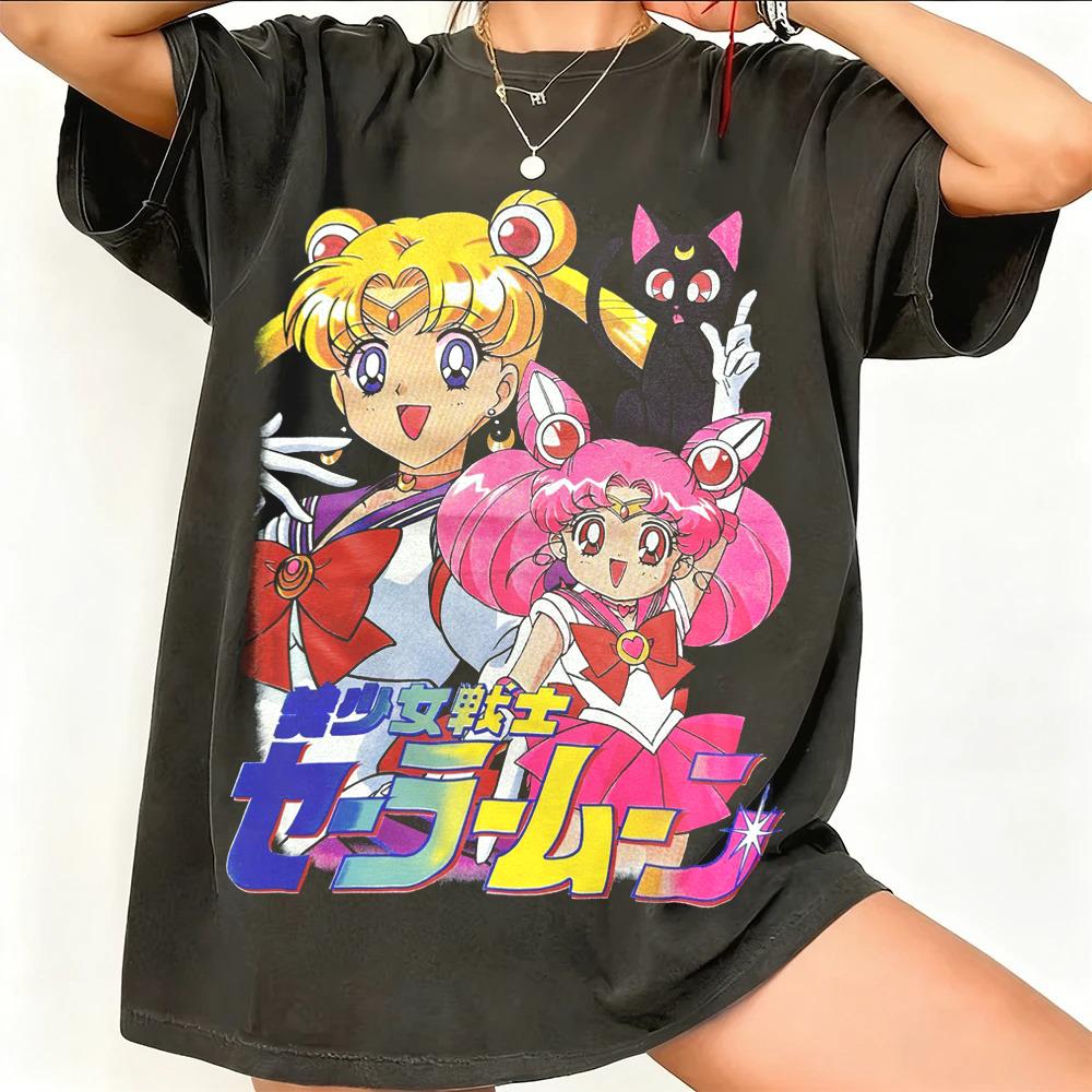Sailor Moon Retro 90s Anime Grafické Tričko Letní Bavlněné Unisex Dámské Tričko Streetwear Ležérní Trend Krátký Rukáv Párové Hip Hop Top