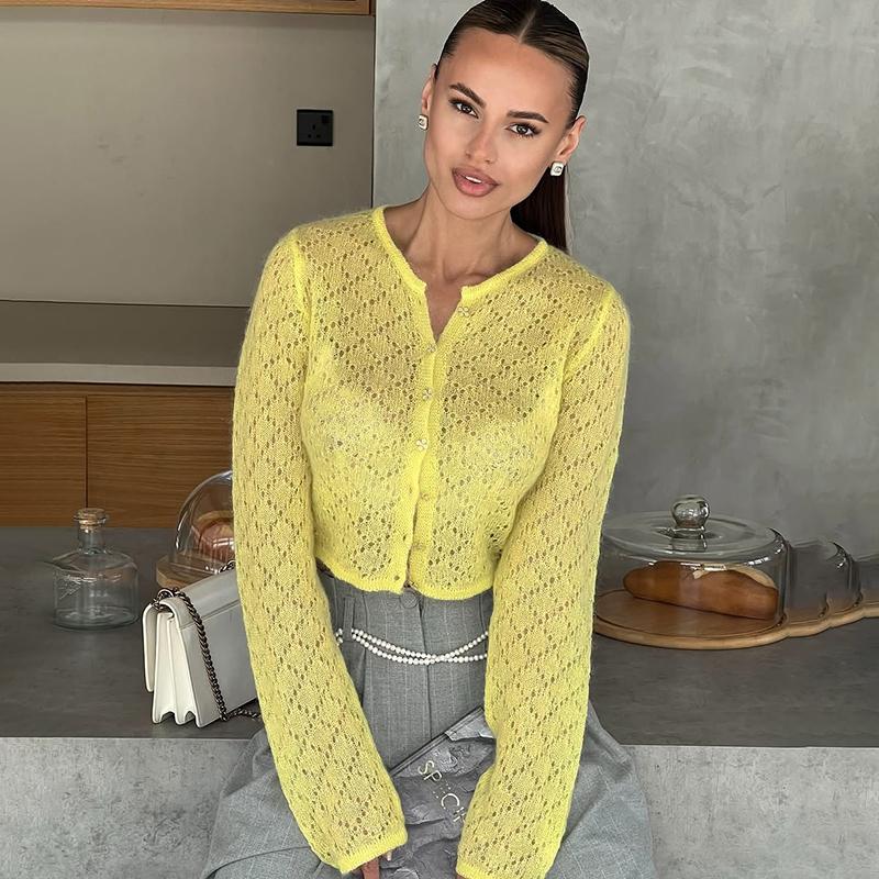 2026 Spring See Through Sweater Women Knit Cardigan Coats Sexy Hollow Out Single Breasted Cardigan Streetwear Y2K Knitted Tops