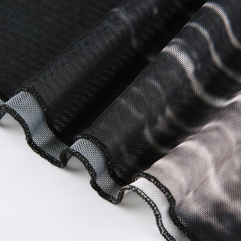 Módní abstraktní tištěné tenké síťované topy s dlouhým rukávem a výstřihem Spodní díl pro ženy Krátký krajkový top