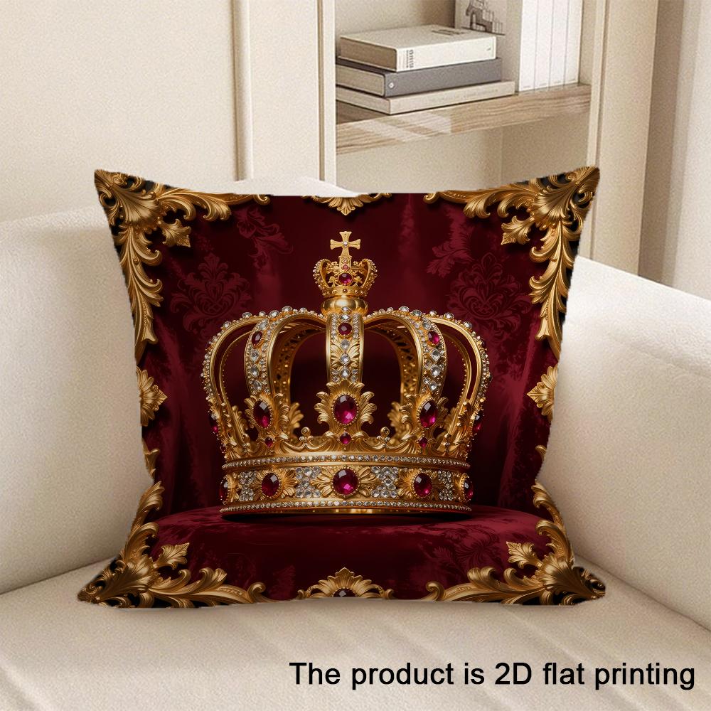 1pc Luxurious Crown-Printed Red Velvet Pillowcase Sofa Cushion Cover Home Bedroom Room Decoration