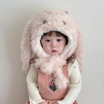 Children's Hat  Scarf All In One Hat  Super Cute Strawberry Rabbit Ear Protection Hat  Winter Warm and Thickened Plush Hat for Boys and Girls