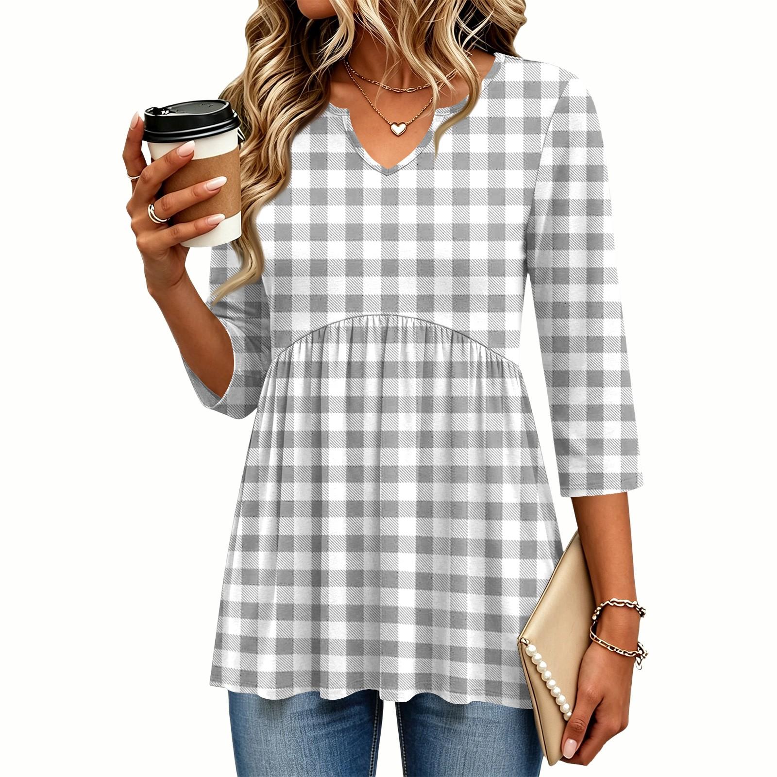 Women s Casual Plaid Print V-Neck Blouse with Three-Quarter Sleeves for Everyday Outfits XXL