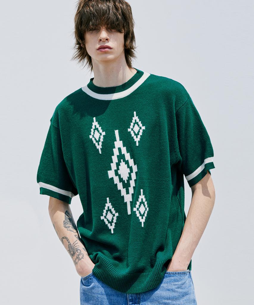 KND Navajo Pattern Loose Fit Ringer Half Knit Peacock Green