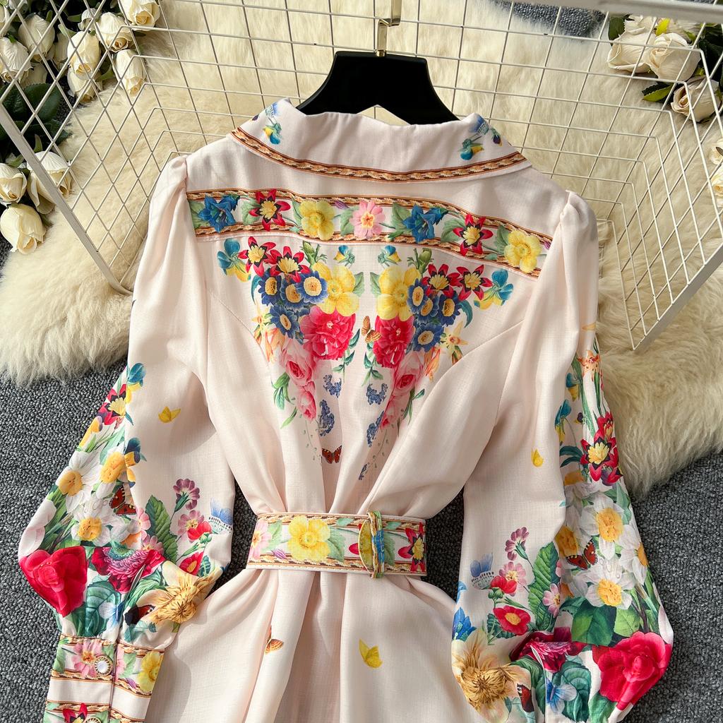 France Elegant Vintage Luxury Evening Dress Women Print  Button Long Party Dress Female Casual Chic Holiday Clothing