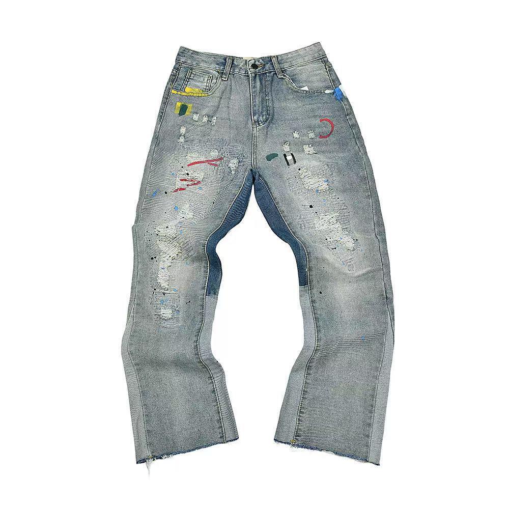 

FlowStreet Fashion 3D Chain Printed Contrast Color Jeans Niche Design High Waist Casual Denim Pants M