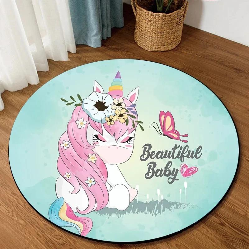 Cute Cartoon Unicorn Round Carpet Non-slip Rug for Office Living Room Bedroom Decor Soft Play Floor Mat Bathroom Kitchen Doormat