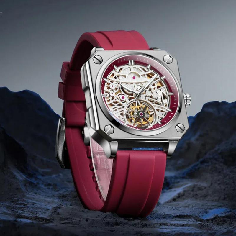 BINBOND Transparent Waterproof Luminous Watches Trendy Hollowed Out Square Men Watch Skeleton Tourbillon Fully Automatic Mechanical Wristwatch