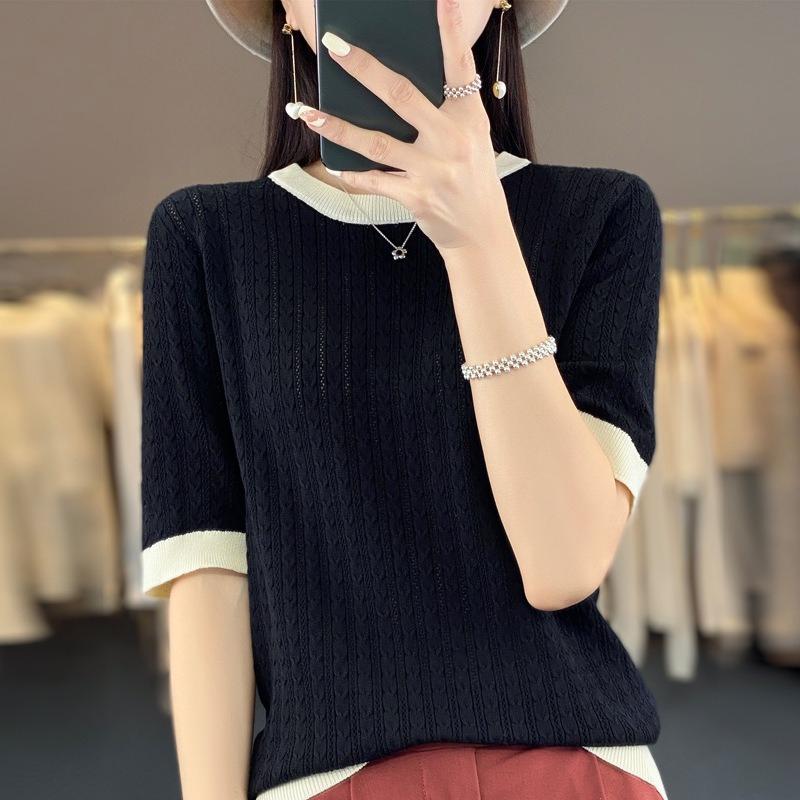 Summer Women's Ice Silk T-shirt Contrast Knit Short Sleeve Shirt Five-quarter Sleeve Hollow Out Lightweight Top Crew Neck Tee