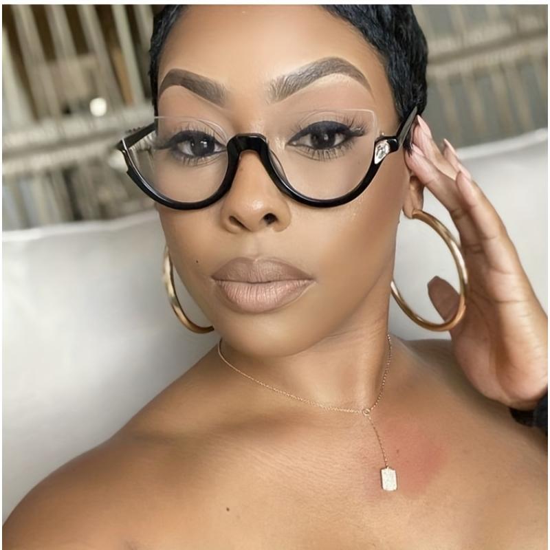 Man Women's Trendy Half Frame Cat Eye Glasses Fashionable Light Casual Glasses Diamond Studded Retro Flat Mirror