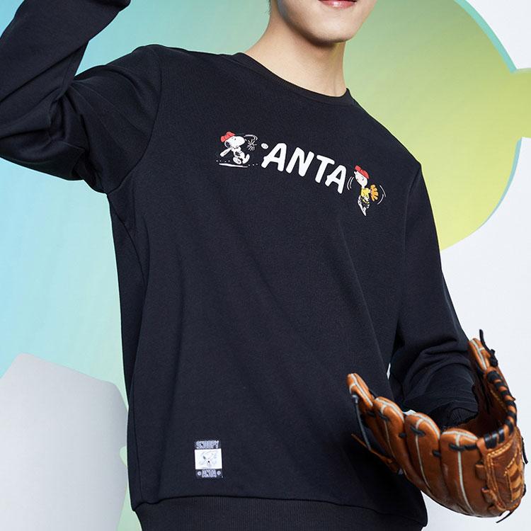 Anta X Snoopy Co-Branded Life Series Cartoon Logo Print Loose Round Neck Pullover Sweatshirt Unisex Tops Black 952139731-5