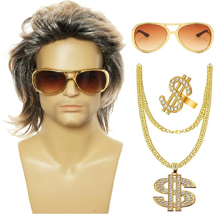 80s Disco Costume Accessories Hippie Glasses Curly Rock Wig Necklace for Unisex