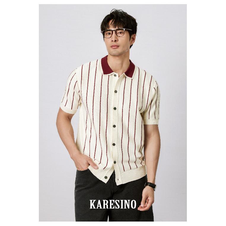 Casual Striped Polo Shirt for Men Summer Business Non-Iron Slim Fit Gentleman Thin Knitted Striped Short Sleeve T-Shirt