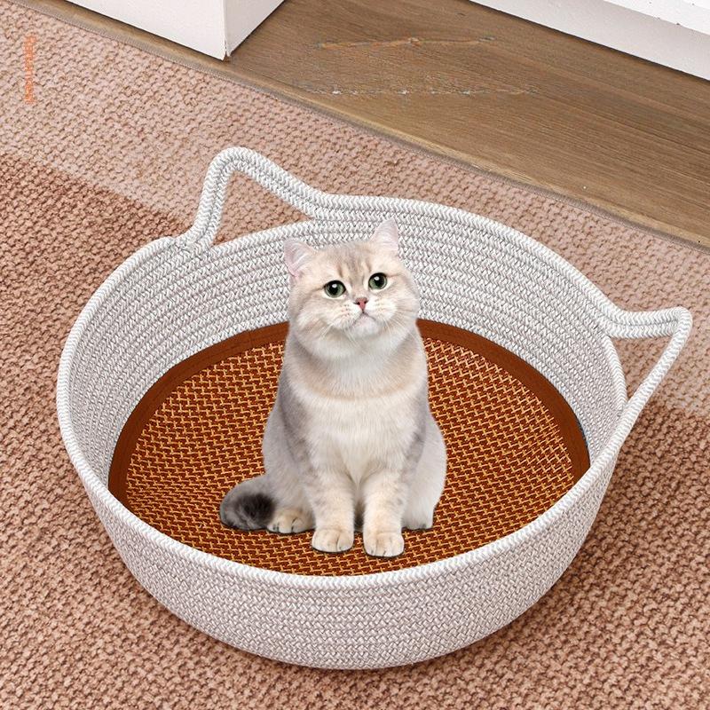 Cotton Rope Woven Cat Bed Basket Dual‑handle Nest with Cushion Cooling Pad Scratch‑proof for Indoor Cats All Season