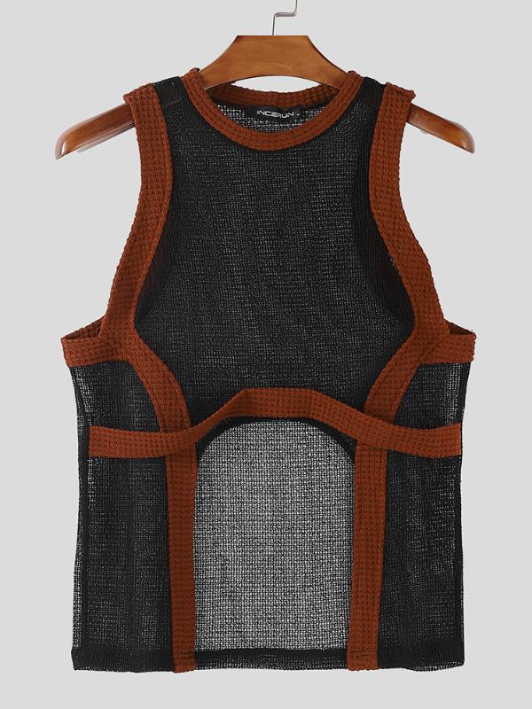 INCERUN Summer Men Sleeveless Stitching Irregular Cutout Hollow Out Tanks Tops