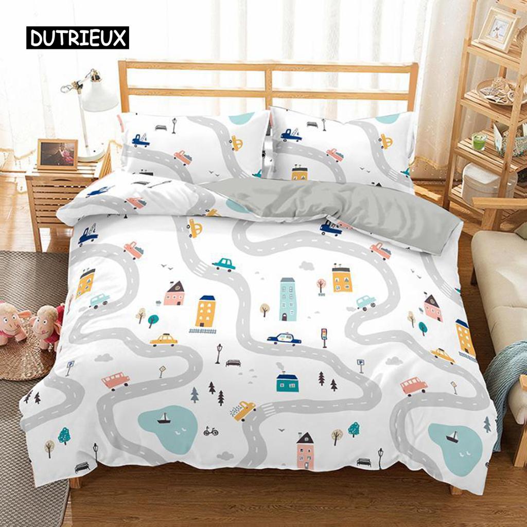Travel Guide Duvet Cover Set Cartoon Route Car House Building Pattern Bedding Set Microfiber Travel Theme King Size Quilt Cover