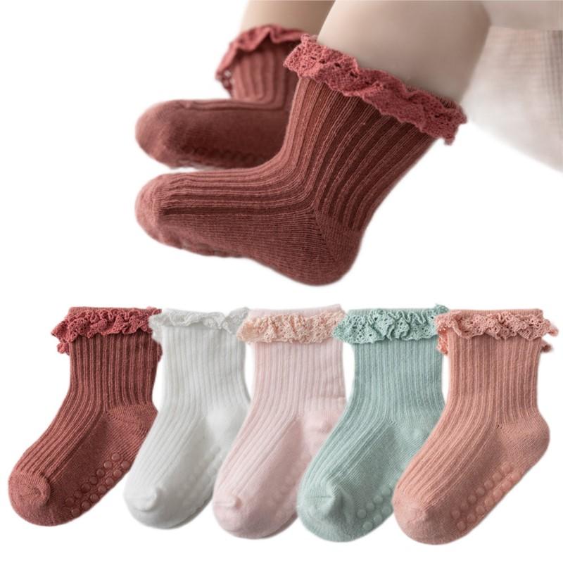 Baby Süße Spitze Mädchen Socken Anti-Rutsch Klebepunkt Einfarbig Baumwolle Säuglingsmädchen Socken Atmungsaktiv Kinder Mädchen Bodensocken