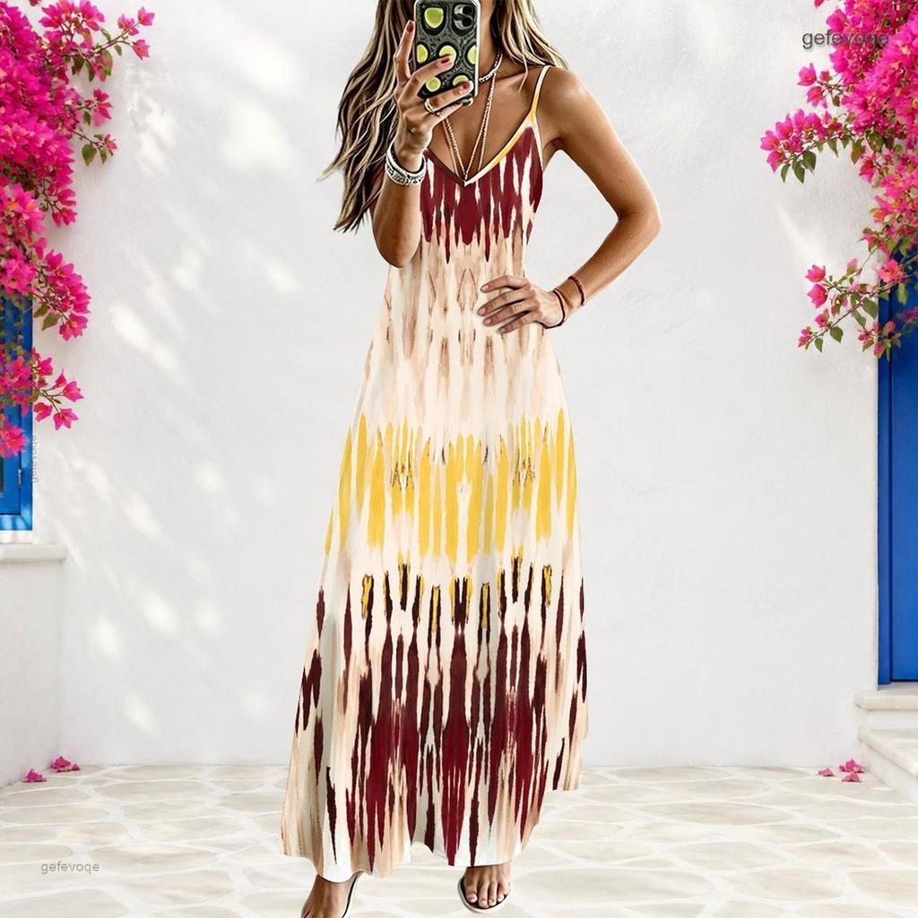 Women Plus Size Off Shoulder V Neck Strappy Sleeveless Printed A Line Maxi Dress