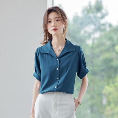 Tluoman Damen Blaues Chiffon-Kurzarm-V-Ausschnitt-Hemd