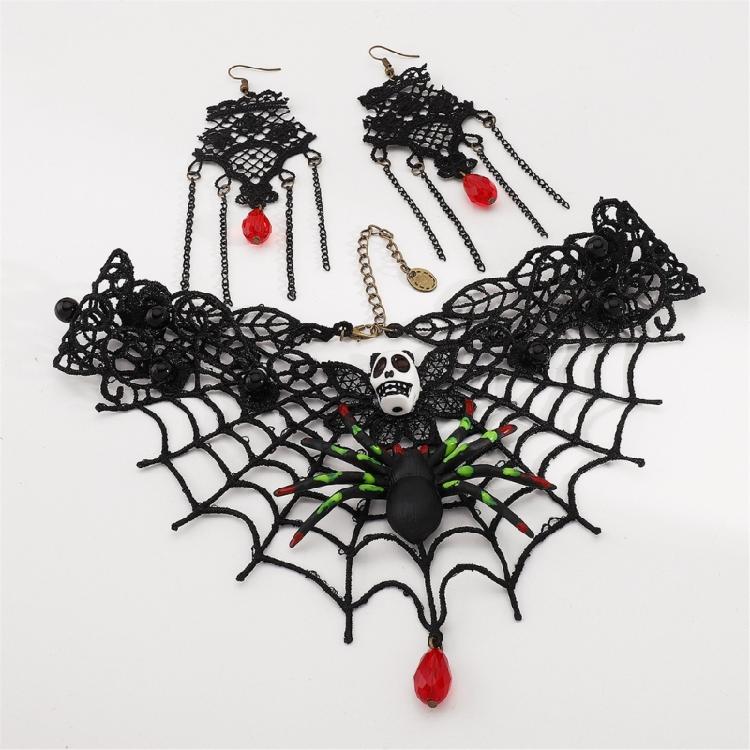 Lace Choker Necklace Rhinestones Earrings Set Halloween Costume Accessories Gothic Vampires Jewelry Set for Wedding
