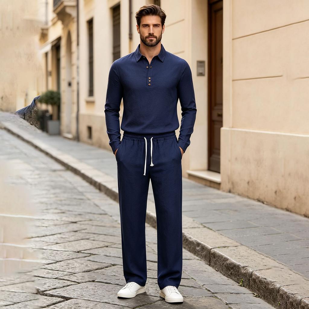 Men's Casual 2 Piece Outfit Set - Lightweight Long Sleeve Lapel Collar Shirt and Pants for Fall