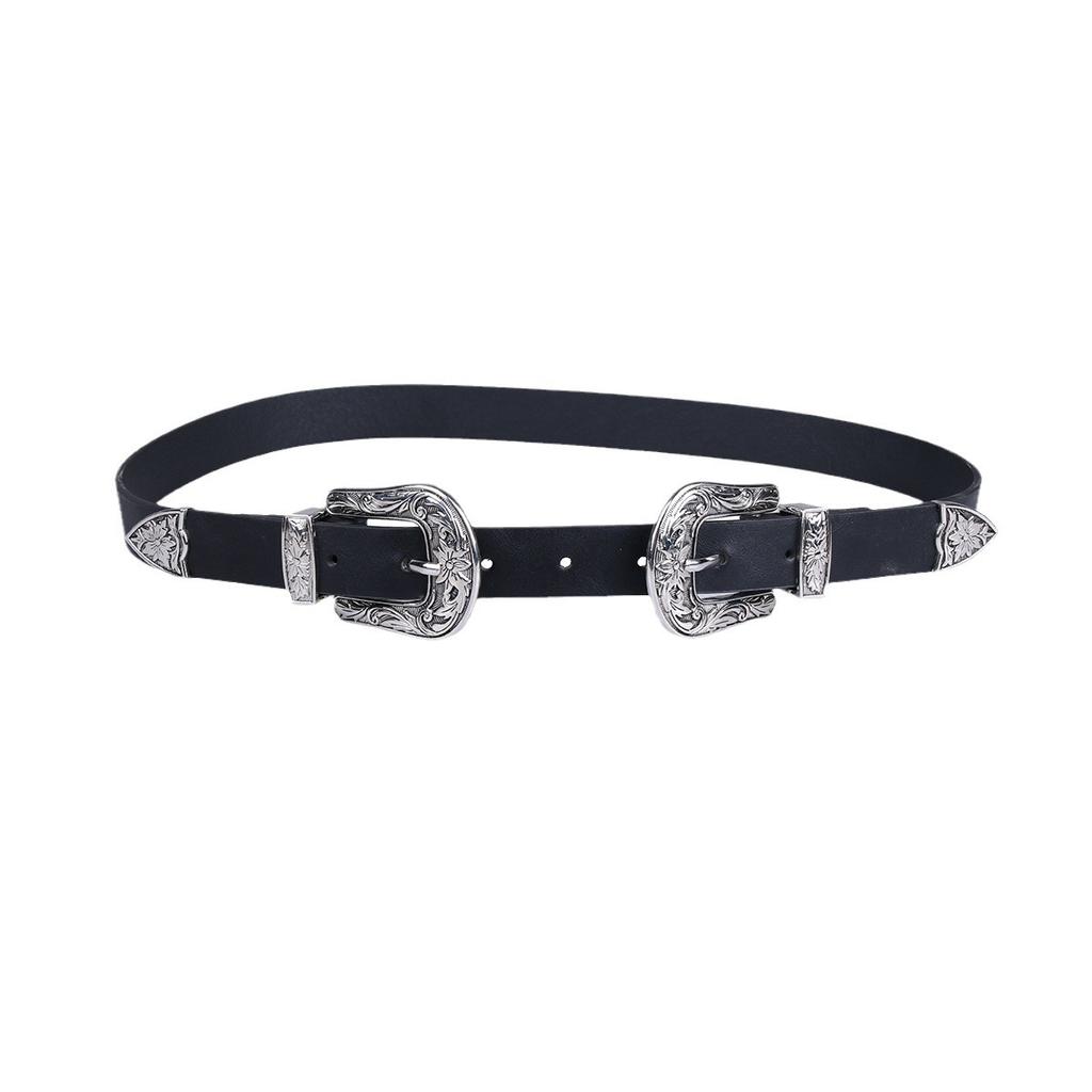 European and American Ins Western Style New Women's Double Buckle Retro Carved Smear Three-piece Set Versatile Belt