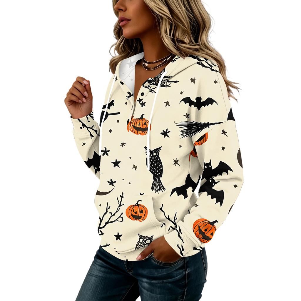 Women's Halloween Print Hoodie with Button Front - Long Sleeve Pullover Sweatshirt