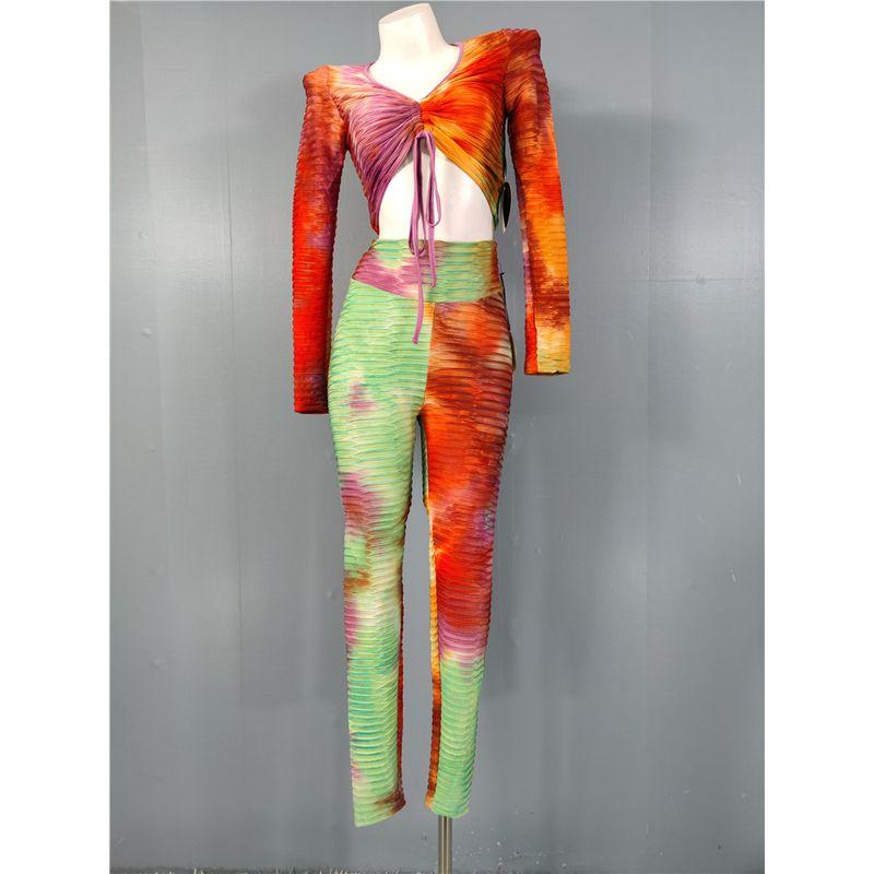 

Экспортный эластичный топ с завязками и принтом тай-дай + брюки с высокой талией, создающие эффект вогнуто-выпуклости, комплект из двух предметов Orange Green XL