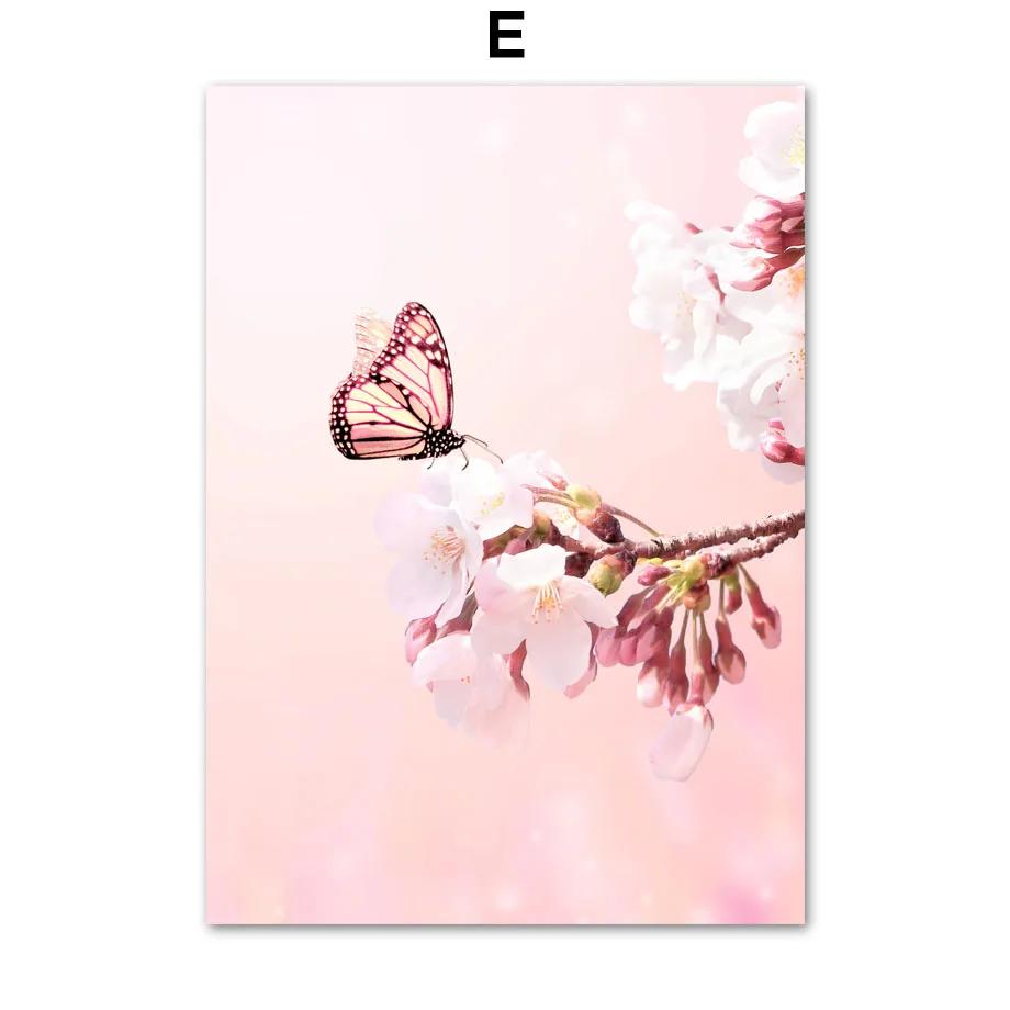 Spring Pink Japanese Sakura Peony Butterfly Flower Orchid Church Building Posters Wall Art Canvas Painting Living Room Decor