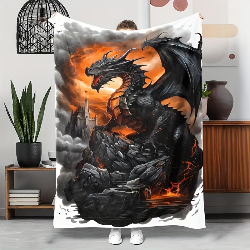 Vintage Dragon Print Fleece Throw BlanketHypoallergenicTear-ResistantAll-Season Knit Polyester Perfect Gift for Family & Friends