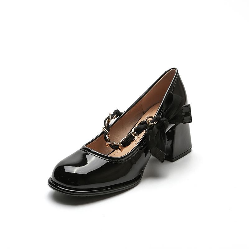 Family Season High Heels Women's Mary Jane Shoes Spring Bow Thick Heel Shoes Light Mouth Single Shoes