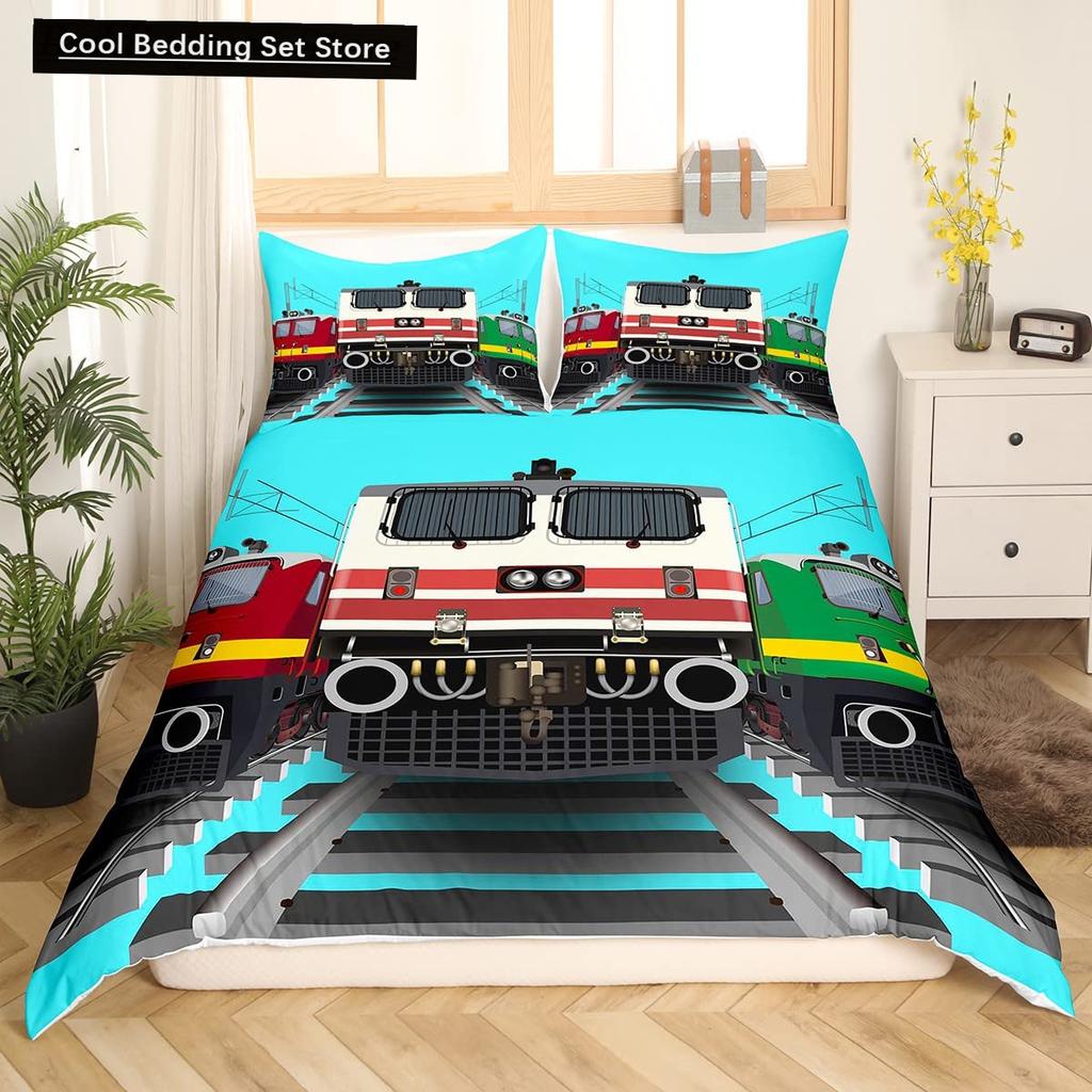 Kreslené Vlakové Ložní Sety 2/3ks Povlak na Peřinu Autíčko Náklaďák Měkký Povlak na Přikrývku Jednolůžko Queen King Size Polyesterový Povlak na Přikrývku
