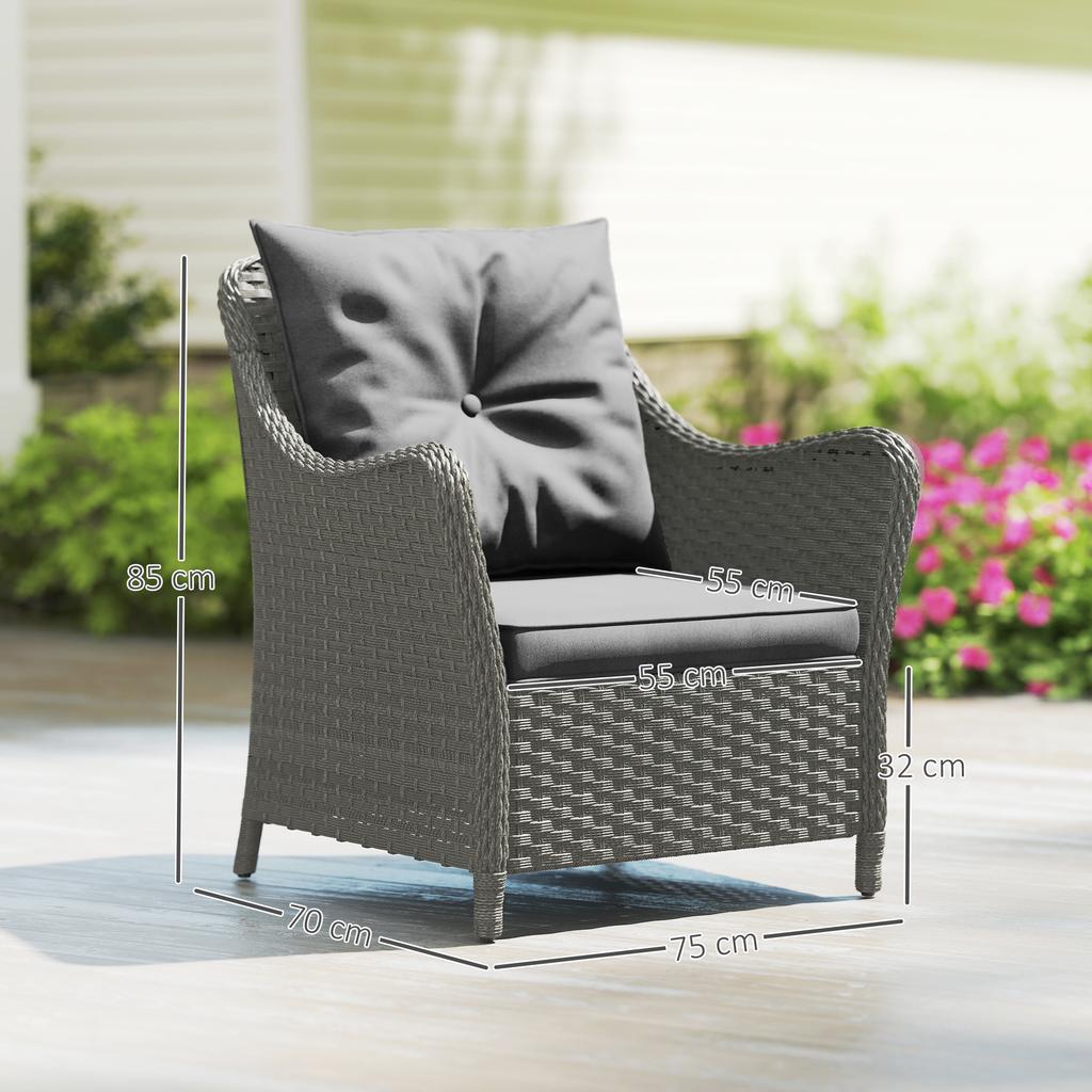 Rattan Garden Chairs Set of 2, Outdoor Rattan Chairs with Cushions, Armrests and High Back, PE Wicker Garden Armchair with Steel Frame for Balcony