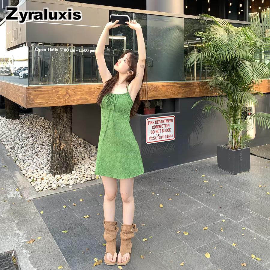 Green Strappy Sundress Set Women Beach Casual Vacation Summer Beautiful Short Dress with Shorts Two Piece Outfit