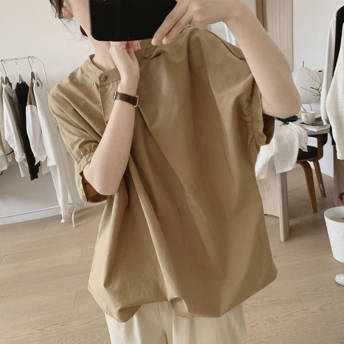 

Summer Loose-Fit Pleated Round Neck Women s Top with Simple Design XL хакі