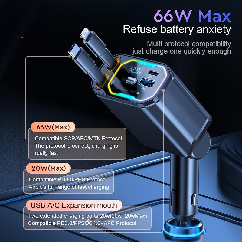 120W 4 In 1 Car Charger Multi Functional Scalable Cable Portable Car Fast Charging Mobile Phone Adapter