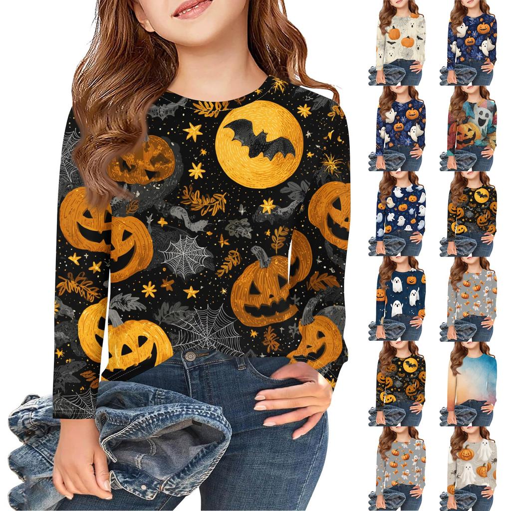 Girls Long Sleeve T Shirts Kids Fall Tops Crewneck Halloween Printed Basic Tees 3-9Y
