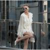 Summer Women Solid Color Pleated Dress Elegant Ruffles V-neck Long Sleeve Mini Dress Fashion Female Fold Casual Beach Party Dress