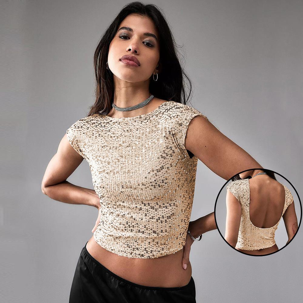 

Сексуальная футболка с короткими рукавами и бусинами на талии, тонкий топ с открытой спиной и блестками для девочек, женский дизайн S