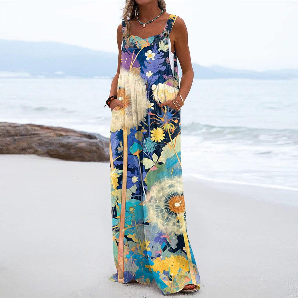 Wide Leg Overalls For Women Casual Loose Sleeveless Print Button Long Pant Romper Jumpsuit With Pockets