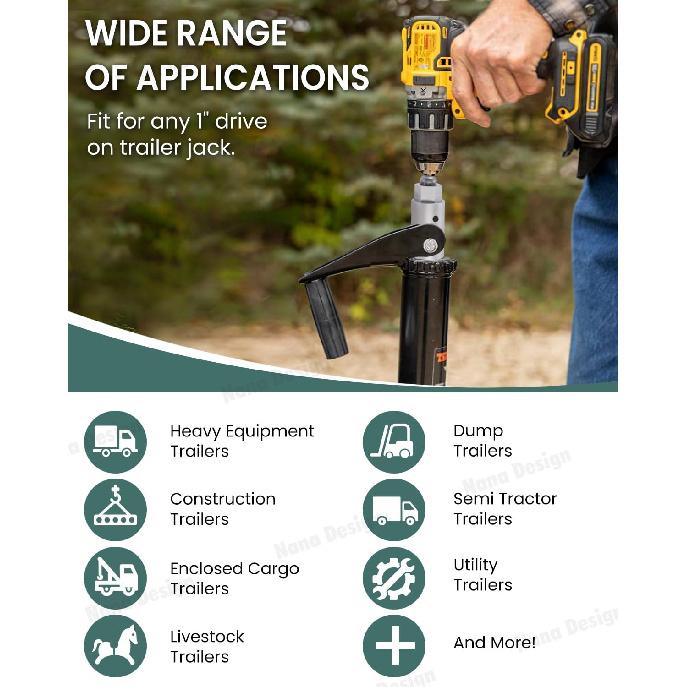 Heavy Duty Trailer Jack Drill Adapter with Cordless Drill, 1/2 to 1 Stainless Steel Socket Adapter Fits Any 1" Drive On Trailer Jack