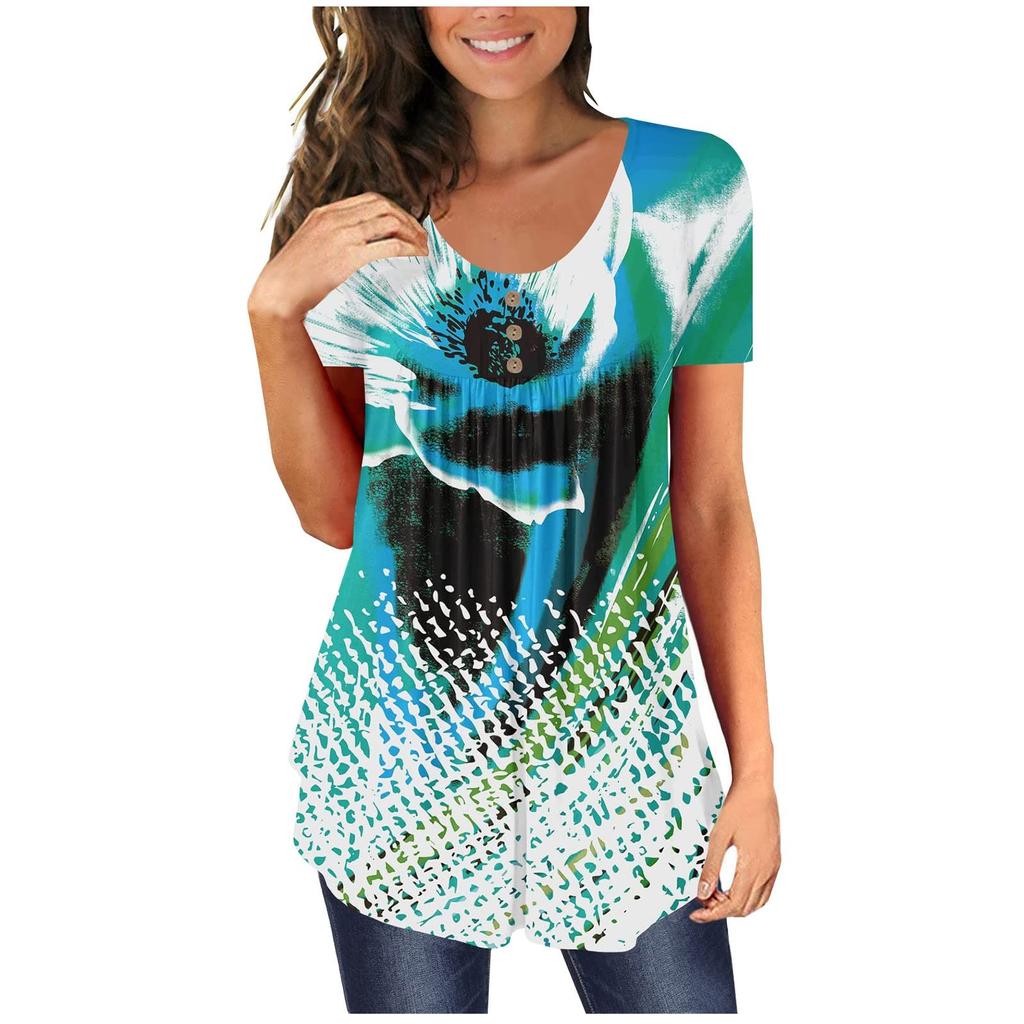 Women's Short Sleeve Tunic Loose Tops Casual Plus Size Tops Pleated Tunic Button T-Shirts